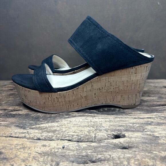 Marc Fisher Shelbee Navy Suede Cork Wedge Sandals Women’s 8.5M Leather Upper - Picture 1 of 9